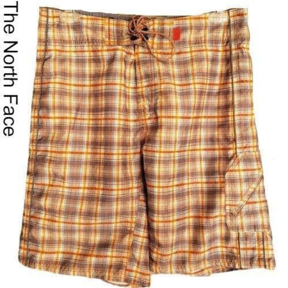 Vtg The North Face Mens Swim 34" Board Shorts Plaid Orange Gray Swimwear Beach